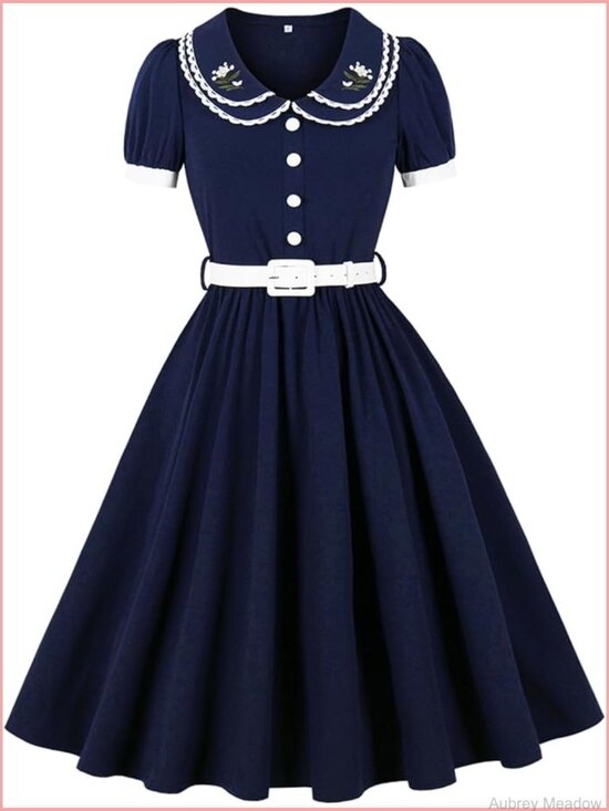 Dresses & Skirts - 1950s Retro Swing Dress Puff Sleeve Embroidery Cocktail Party Dress with Belt
